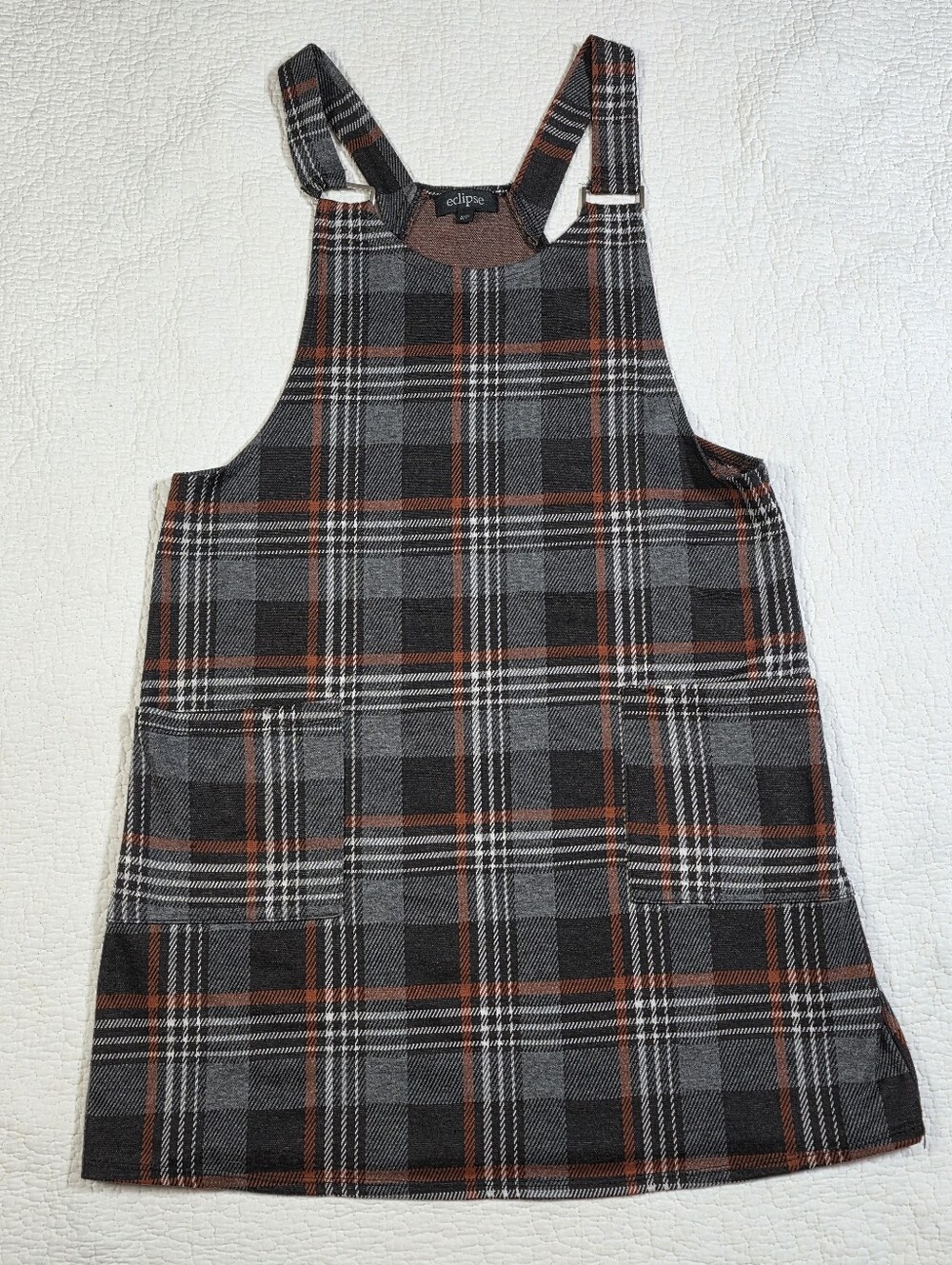 Eclipse Brown Orange Plaid Overall Dress With Pockets